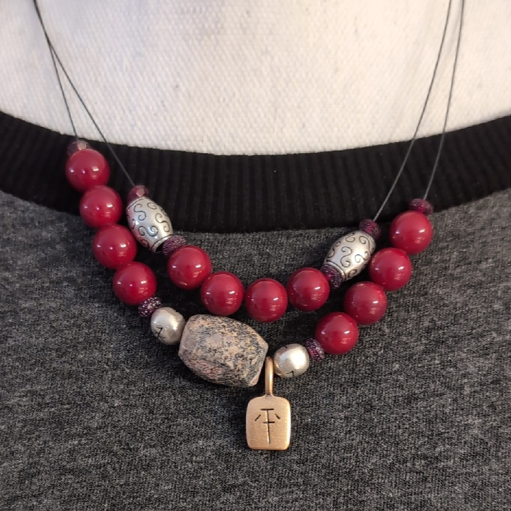 NWT CHICO'S Beaded Necklace with Jasper Stone Red & Silver Accents